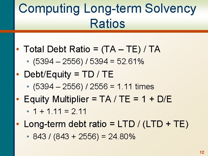 Computing Long-term Solvency Ratios • Total Debt Ratio = (TA – TE) / TA