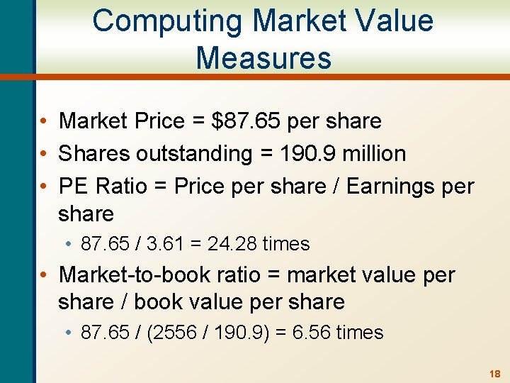 Computing Market Value Measures • Market Price = $87. 65 per share • Shares