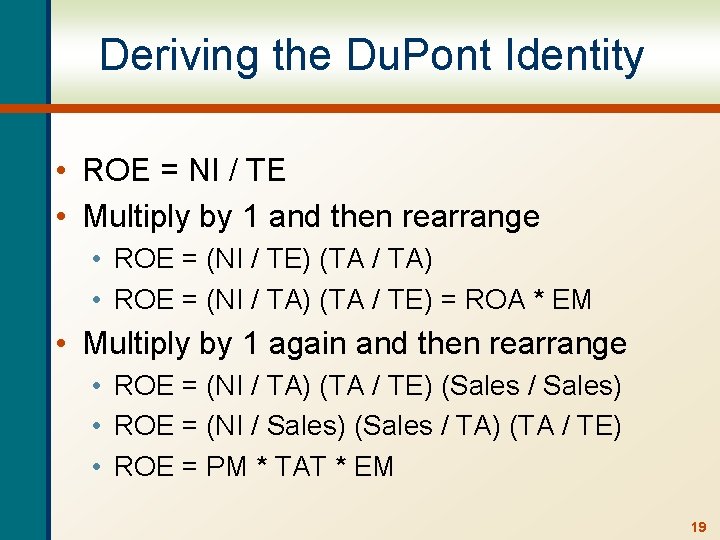 Deriving the Du. Pont Identity • ROE = NI / TE • Multiply by