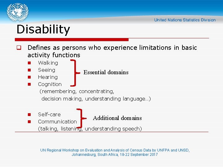 Disability q Defines as persons who experience limitations in basic activity functions n n