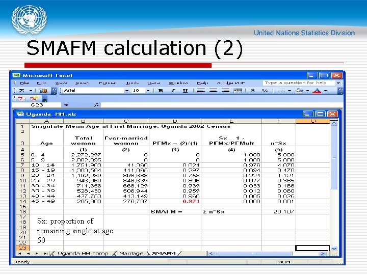 SMAFM calculation (2) Sx: proportion of remaining single at age United Nations 50 Workshop