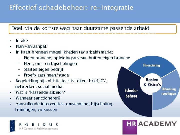 Effectief schadebeheer: re-integratie Doel: via de kortste weg naar duurzame passende arbeid Doel: via