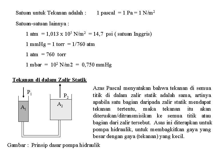 Satuan untuk Tekanan adalah : 1 pascal = 1 Pa = 1 N/m 2