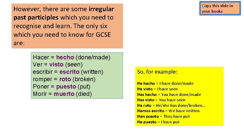 Copy this slide in your books However, there are some irregular past participles which