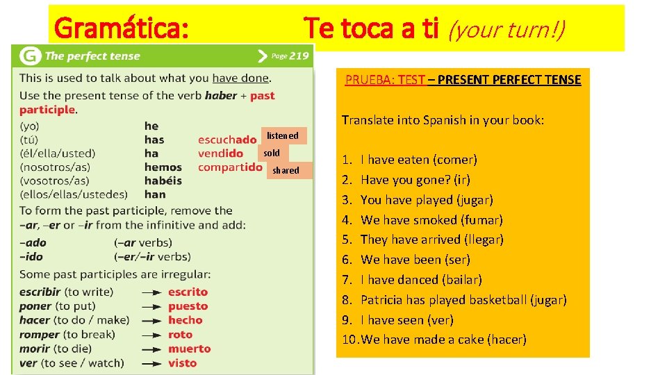 Gramática: Te toca a ti (your turn!) PRUEBA: TEST – PRESENT PERFECT TENSE Translate
