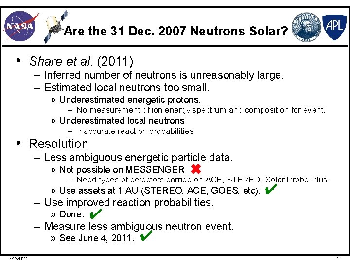 Are the 31 Dec. 2007 Neutrons Solar? • Share et al. (2011) – Inferred