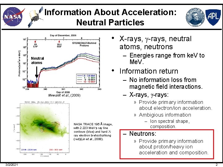 Information About Acceleration: Neutral Particles • X-rays, g-rays, neutral atoms, neutrons – Energies range