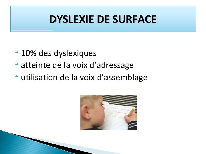 DYSLEXIE DE SURFACE 10% des dyslexiques atteinte de la voix d’adressage utilisation de la