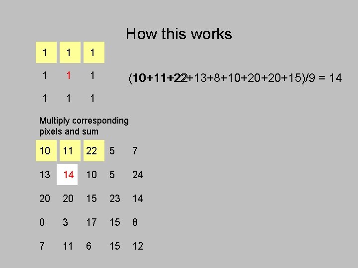 How this works 1 1 1 1 1 (10+11+22+13+8+10+20+20+15)/9 10 +11+22 = 14 Multiply