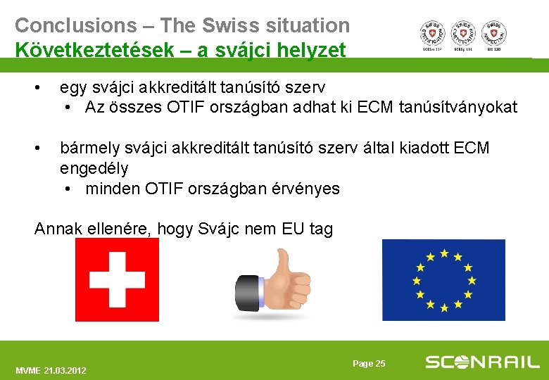 Conclusions – The Swiss situation Következtetések – a svájci helyzet • egy svájci akkreditált