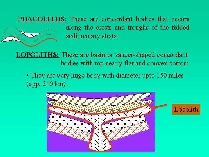 PHACOLITHS: These are concordant bodies that occurs along the crests and troughs of the