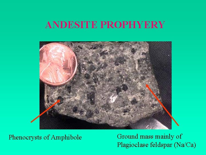 ANDESITE PROPHYERY Phenocrysts of Amphibole Ground mass mainly of Plagioclase feldspar (Na/Ca) 