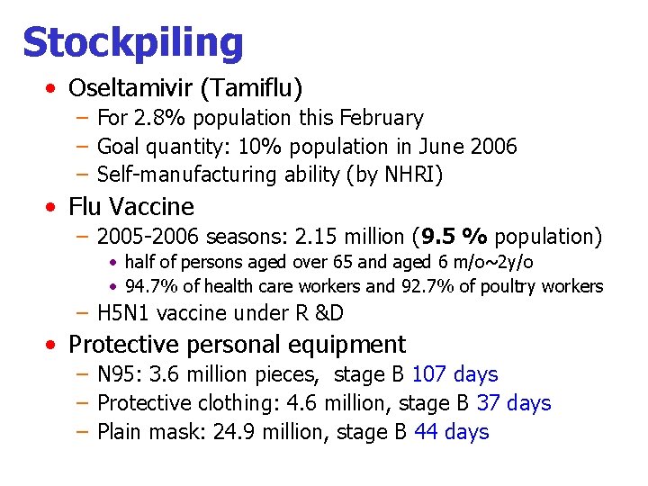 Stockpiling • Oseltamivir (Tamiflu) – For 2. 8% population this February – Goal quantity: