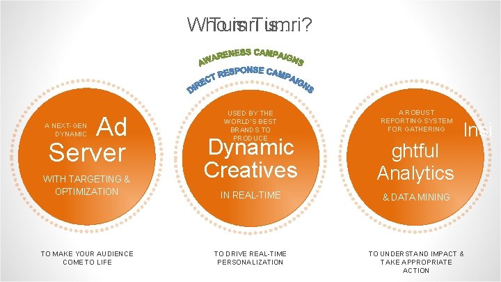 Who Tumri is Tumri? is… Ad Server A NEXT-GEN DYNAMIC WITH TARGETING & OPTIMIZATION