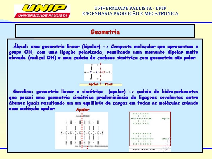 UNIVERSIDADE PAULISTA - UNIP ENGENHARIA PRODUÇÃO E MECATRONICA Geometria Álcool: uma geometria linear (bipolar)