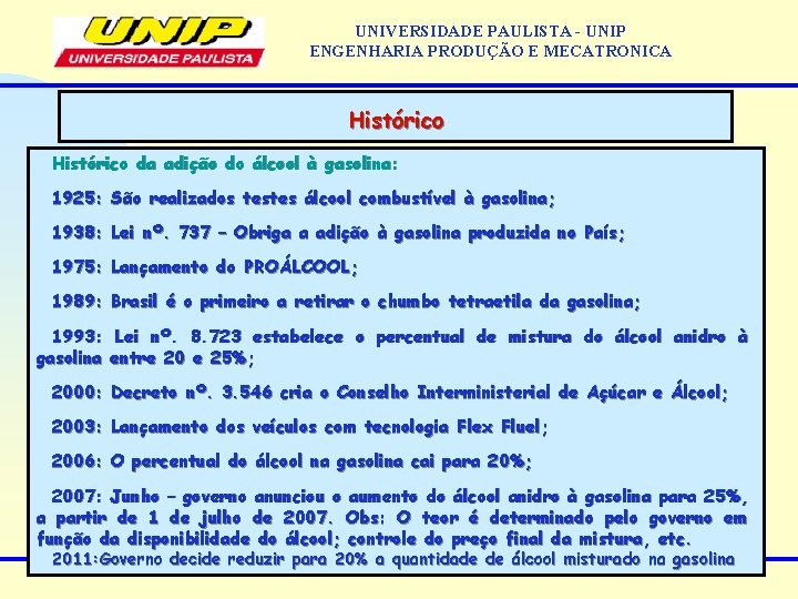 UNIVERSIDADE PAULISTA - UNIP ENGENHARIA PRODUÇÃO E MECATRONICA Histórico da adição do álcool à