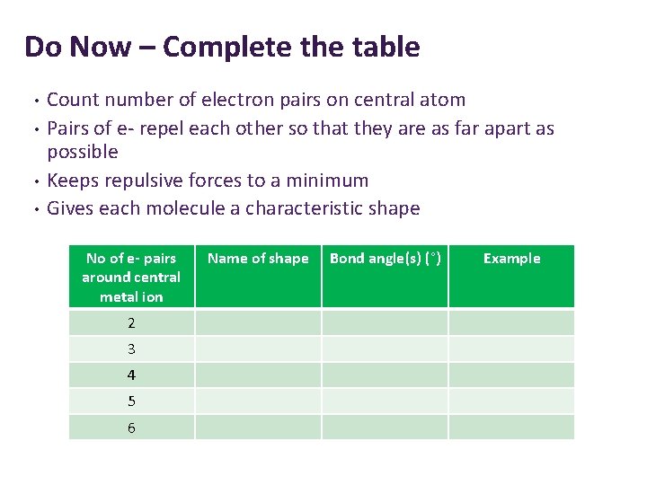 Do Now – Complete the table • • Count number of electron pairs on