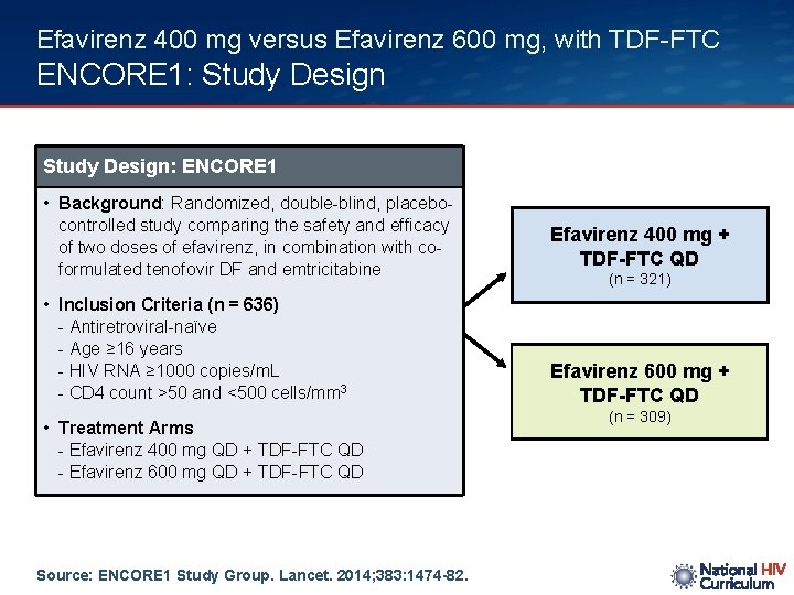 Efavirenz 400 mg versus Efavirenz 600 mg, with TDF-FTC ENCORE 1: Study Design: ENCORE