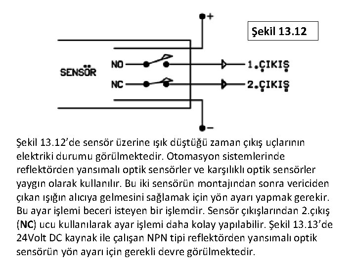 Şekil 13. 12’de sensör üzerine ışık düştüğü zaman çıkış uçlarının elektriki durumu görülmektedir. Otomasyon