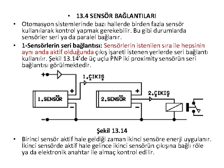  • 13. 4 SENSÖR BAĞLANTILARI • Otomasyon sistemlerinde bazı hallerde birden fazla sensör