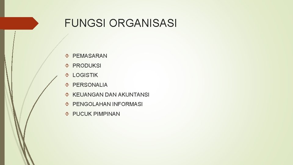 FUNGSI ORGANISASI PEMASARAN PRODUKSI LOGISTIK PERSONALIA KEUANGAN DAN AKUNTANSI PENGOLAHAN INFORMASI PUCUK PIMPINAN 