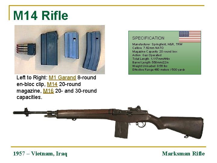 M 14 Rifle SPECIFICATION Manufacturer Springfield, H&R, TRW Calibre 7. 62 mm NATO Magazine