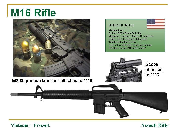 M 16 Rifle SPECIFICATION Manufacturer Calibre 5. 56 x 45 mm Cartridge Magazine Capacity