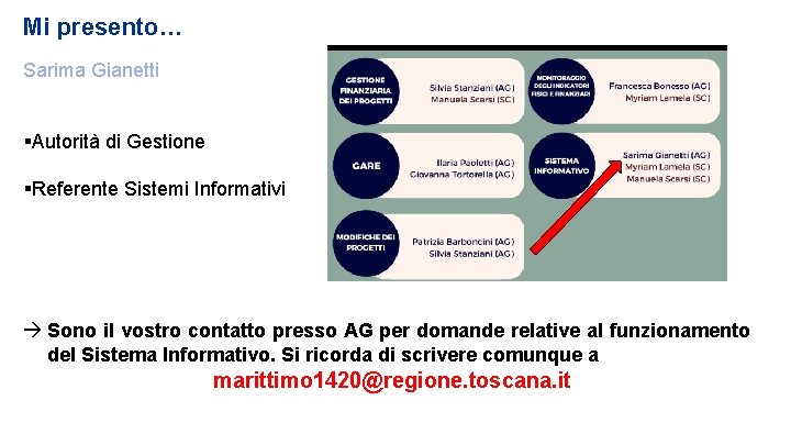 Mi presento… Sarima Gianetti Autorità di Gestione Referente Sistemi Informativi Sono il vostro contatto