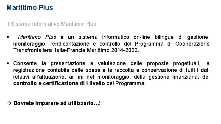 Marittimo Plus Il Sistema Informativo Marittimo Plus è un sistema informatico on-line bilingue di