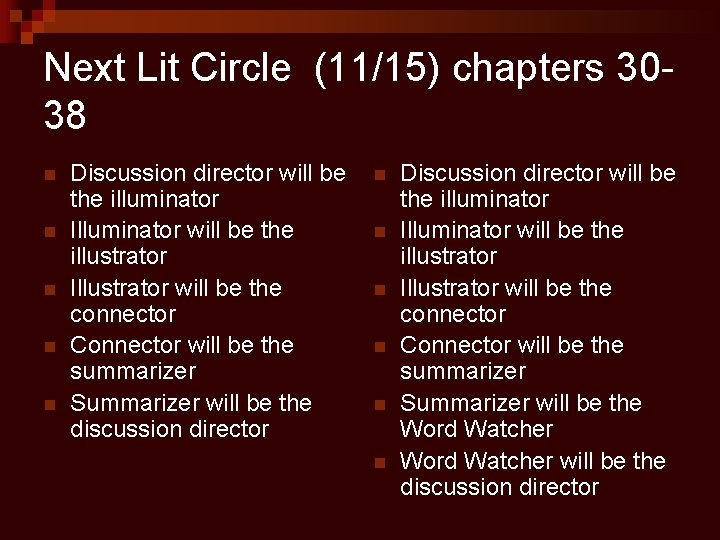 Next Lit Circle (11/15) chapters 3038 n n n Discussion director will be the