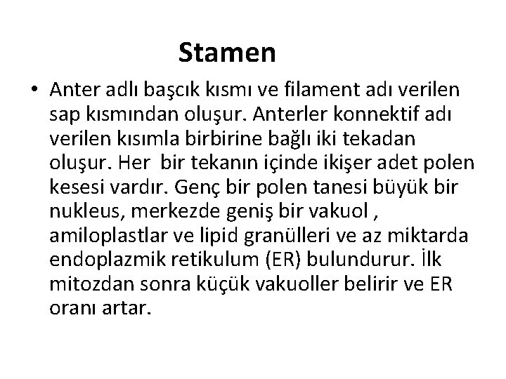 Stamen • Anter adlı başcık kısmı ve filament adı verilen sap kısmından oluşur. Anterler