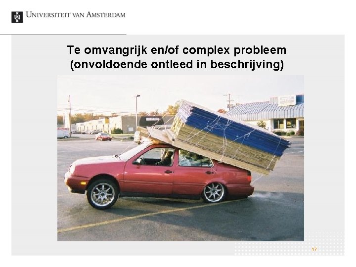 Te omvangrijk en/of complex probleem (onvoldoende ontleed in beschrijving) 17 