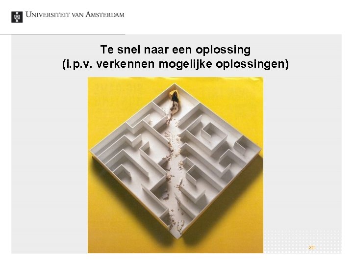 Te snel naar een oplossing (i. p. v. verkennen mogelijke oplossingen) 20 