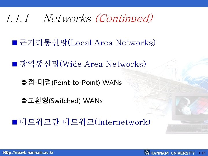 1. 1. 1 Networks (Continued) <근거리통신망(Local Area Networks) <광역통신망(Wide Area Networks) Ü점-대점(Point-to-Point) WANs Ü교환형(Switched)