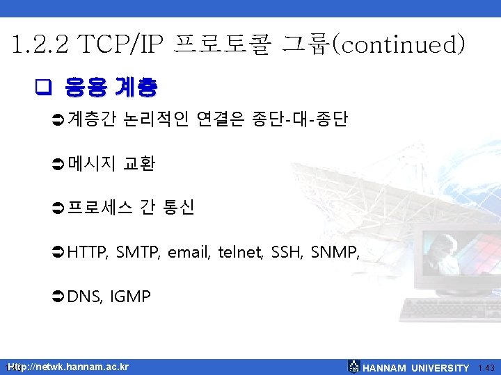 1. 2. 2 TCP/IP 프로토콜 그룹(continued) 응용 계층 Ü계층간 논리적인 연결은 종단-대-종단 Ü메시지 교환