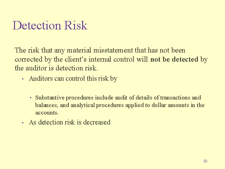 Detection Risk The risk that any material misstatement that has not been corrected by