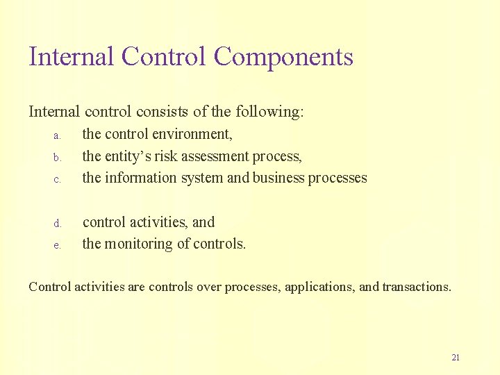 Internal Control Components Internal control consists of the following: a. b. c. d. e.