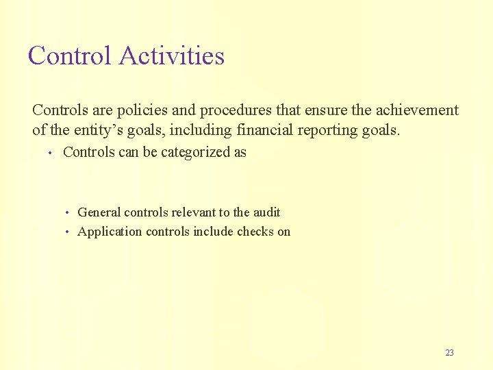 Control Activities Controls are policies and procedures that ensure the achievement of the entity’s