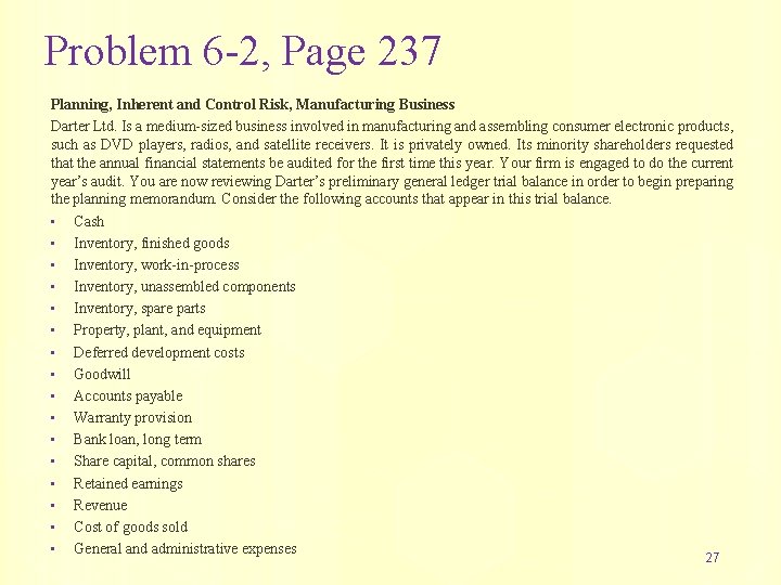 Problem 6 -2, Page 237 Planning, Inherent and Control Risk, Manufacturing Business Darter Ltd.