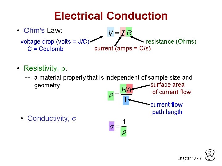 Electrical Conduction • Ohm's Law: V=IR voltage drop (volts = J/C) resistance (Ohms) current