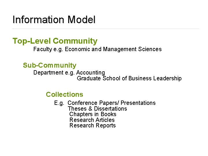 Information Model Top-Level Community Faculty e. g. Economic and Management Sciences Sub-Community Department e.