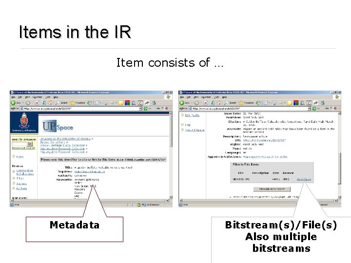 Items in the IR Item consists of … Metadata Bitstream(s)/File(s) Also multiple bitstreams 