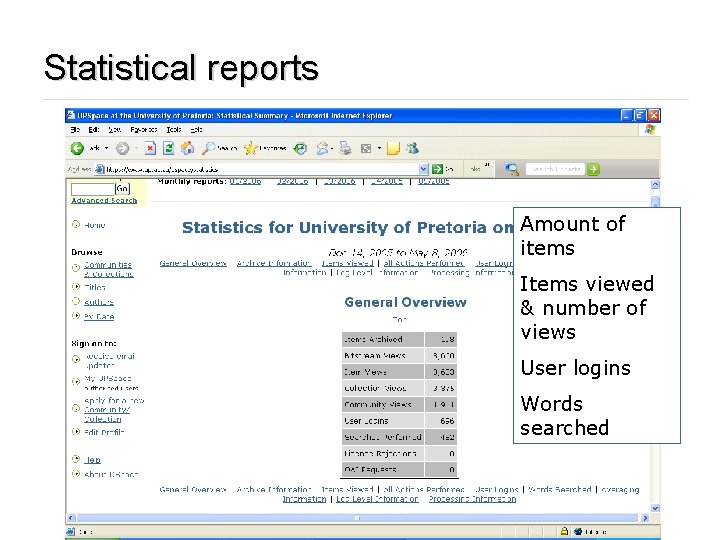Statistical reports Amount of items Items viewed & number of views User logins Words