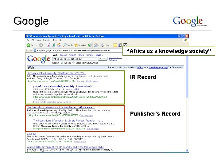 Google “Africa as a knowledge society” IR Record Publisher’s Record 