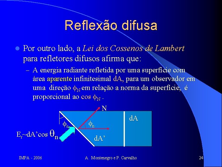 Reflexão difusa l Por outro lado, a Lei dos Cossenos de Lambert para refletores