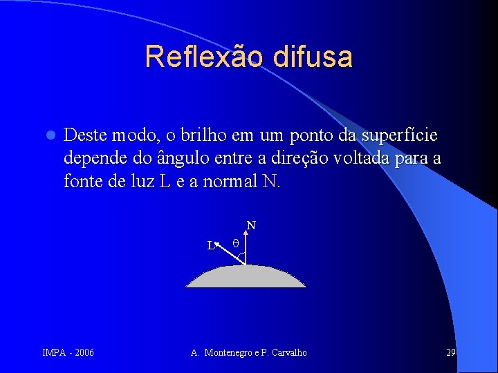 Reflexão difusa l Deste modo, o brilho em um ponto da superfície depende do