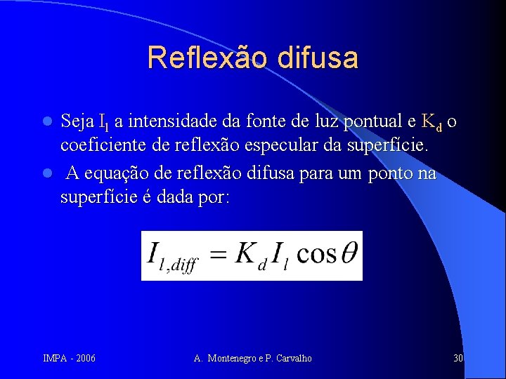 Reflexão difusa Seja Il a intensidade da fonte de luz pontual e Kd o