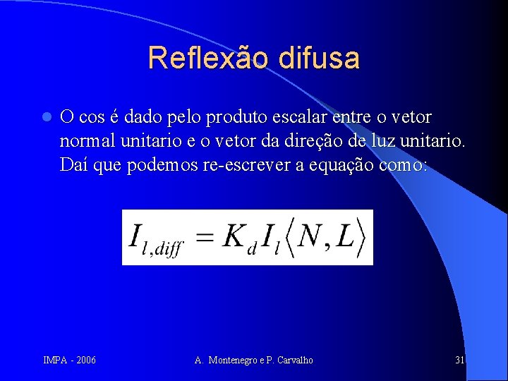 Reflexão difusa l O cos é dado pelo produto escalar entre o vetor normal