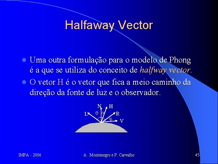 Halfaway Vector Uma outra formulação para o modelo de Phong é a que se