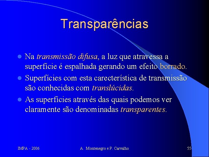 Transparências Na transmissão difusa, a luz que atravessa a superfície é espalhada gerando um